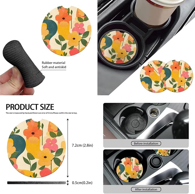 10 Print Colorful Wild Flower Car Seat Covers, Forest Flowers Leaf Steer Wheel Cover Automotive Interior Decor, Abstract Botanical Coasters Key Chain Seat Belt Cover