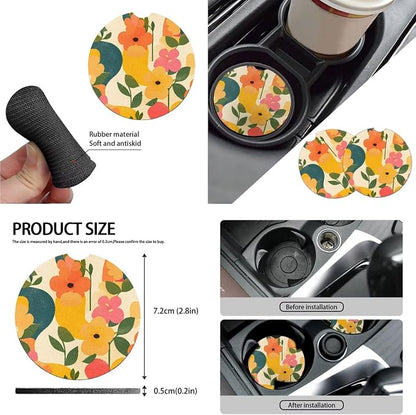 10 Print Colorful Wild Flower Car Seat Covers, Forest Flowers Leaf Steer Wheel Cover Automotive Interior Decor, Abstract Botanical Coasters Key Chain Seat Belt Cover