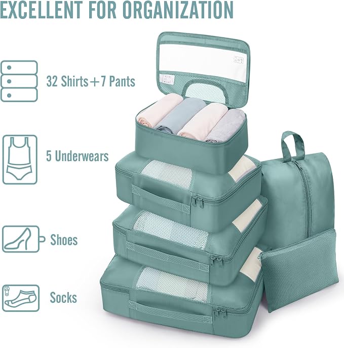 Veken 8 Set Packing Cubes for Travel Essentials,Anti-Wrinkle Buckled Suitcase Organizer for Shoe & Toiletry Bag,Carry On Luggage Bag with 99+ Count Mesh Holes for Airplane & College Dorm Accessories