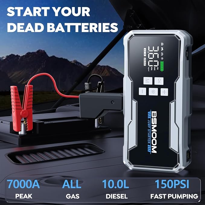 8000A Jump Starter with Air Compressor,26800mAh 160PSI Portable Jump Starter Battery Pack (All Gas/12L Diesel) Car Battery Jumper Starter Portable Jumper Cables with 3.4" LCD Display, Lights