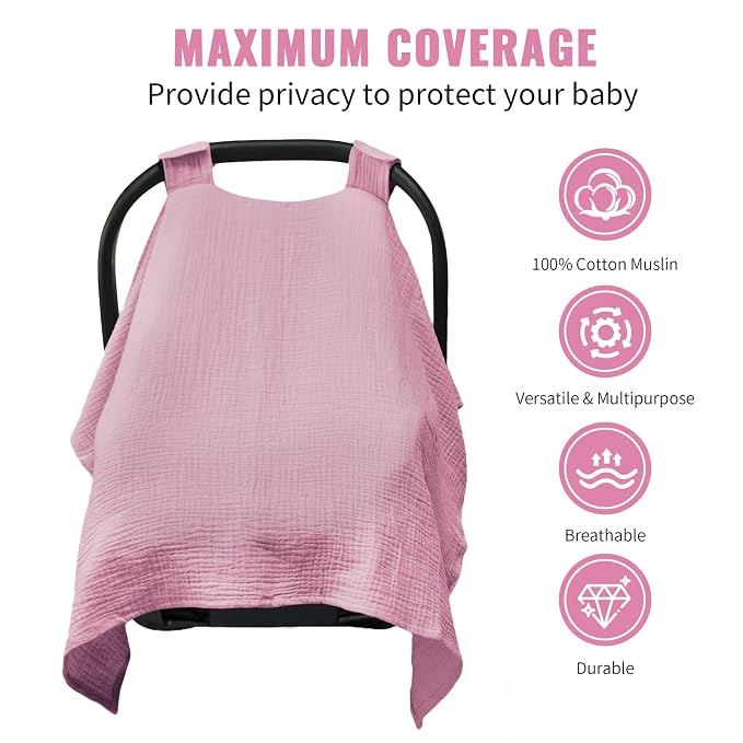 Metplus Muslin Car Seat Cover for Baby Girls, 100% Cotton Breathable Infant Carseat Canopy for Summer, Lightweight Stroller Sunshade Covers (Pale Pink)