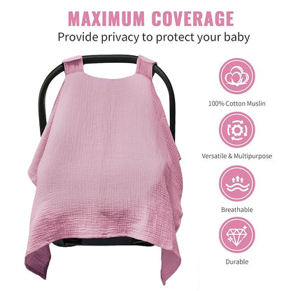 Metplus Muslin Car Seat Cover for Baby Girls, 100% Cotton Breathable Infant Carseat Canopy for Summer, Lightweight Stroller Sunshade Covers (Pale Pink)