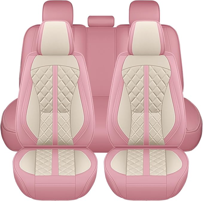 otoez Pink Car Seat Covers Full Set, Universal Leather Seat Cover 5 Seat Waterproof & Breathable Automotive Seat Protector Full Coverage for Cars Sedens, Trucks, SUVs, Vans (Pink & White)