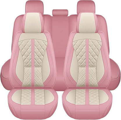 otoez Pink Car Seat Covers Full Set, Universal Leather Seat Cover 5 Seat Waterproof & Breathable Automotive Seat Protector Full Coverage for Cars Sedens, Trucks, SUVs, Vans (Pink & White)