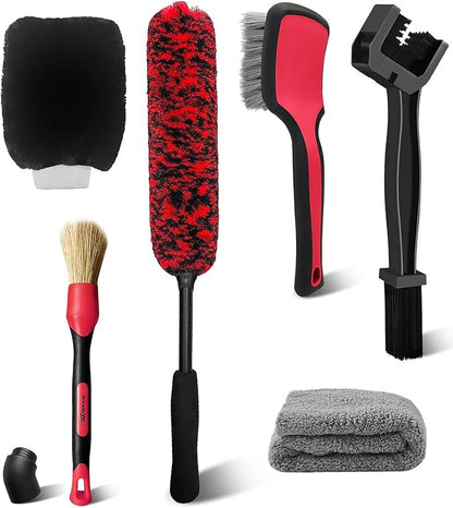 YeewayVeh 6PCS Motorcycle Cleaning Kit with Boar Hair Detailing Brush-Pro Safe for Chrome,Chain, Tire & Engine, Bendable Wheel Brush, Tire and Chain Brush, Wash Mitt & Microfiber Towel for Dirt Bike
