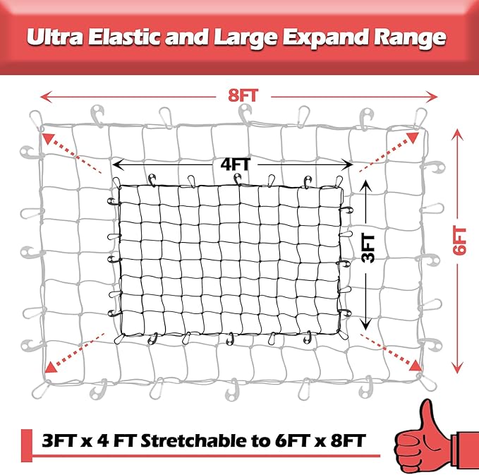 Natural Latex Core Cargo Net for Car SUV Roof Rack | 3'x4' Stretches to 6'x8' Small Bungee Net for Pickup Bed | 12 Carabiners + 12 Hooks | Tight 4”x4” Mesh for Ford, Dodge, Chevy, Toyota