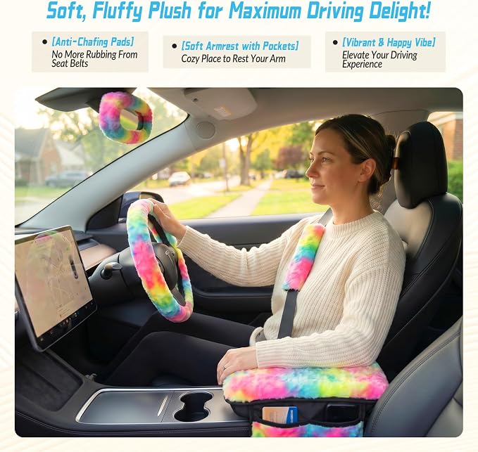 5 Pcs Fuzzy Tie Dye Rainbow Car Accessories Set, Soft Fluffy Plush Steering Wheel Cover, Center Console Armrest Pad & Rearview Mirror Cover - Interior Decorations for Women,Universal Fit (Candy)