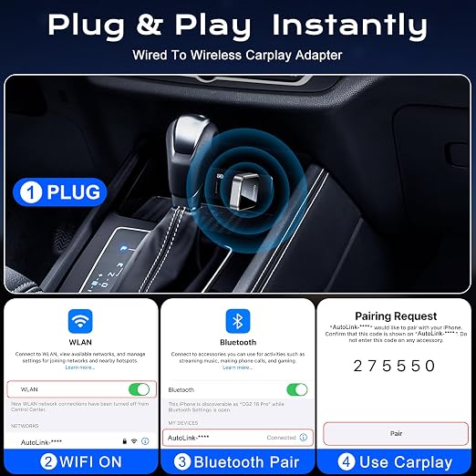 CarPlay Wireless Adapter for iPhone & Android Auto,Plug and Play Mini Size 2 in 1 Apple Wireless CarPlay Adapter,Easy Setup Fit Android & iOS 10+,Extension Cable USB & USB-A/Type-C,Stable Control