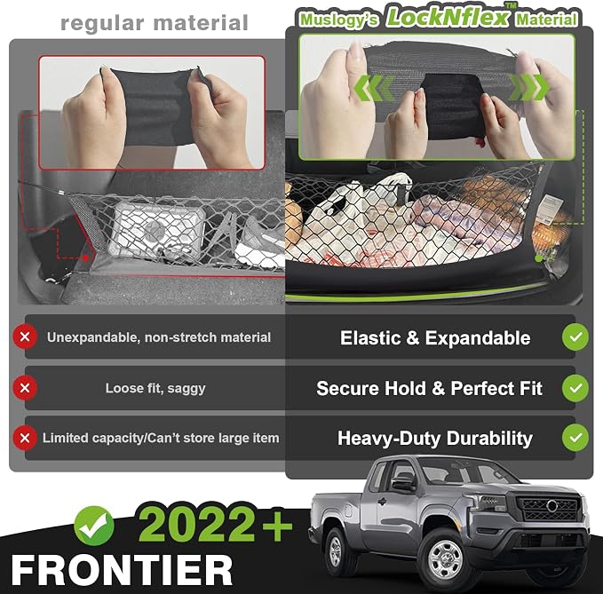 Muslogy Truck Bed Cargo Net Compatible with Nissan Frontier 2022-2025 2026 Accessories, Pickup Truck Bed Cargo Organizer Storage Net with Heavy Duty Carabiners
