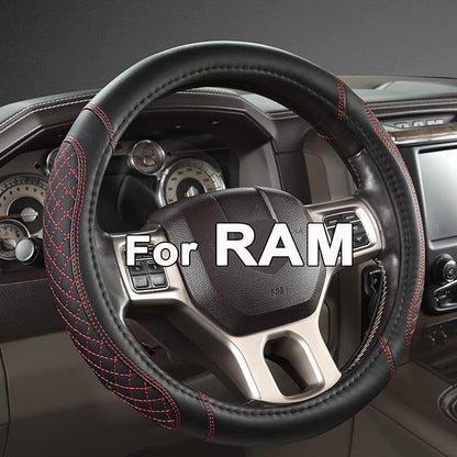 West Llama Customized Auto Car Steering Wheel Cover for Dodge RAM 1500 2500 3500, 15.5-16 inch (Diamond Quilted-Black+Red-Large Size)