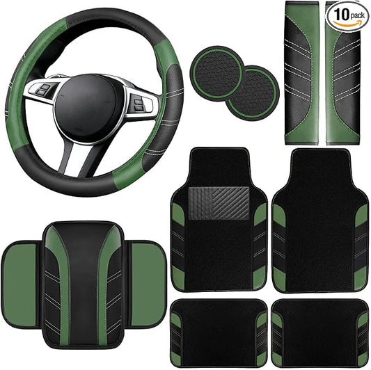 NBTEPEM 10 Pcs Car Floor Mats Full Set & Sport Leather Steering Wheel Cover 14.5-15 inch, Center Console Cover, Seat Belt Cushion, Cup Holder Coaster, Universal Automobile Interior Sets (Green)