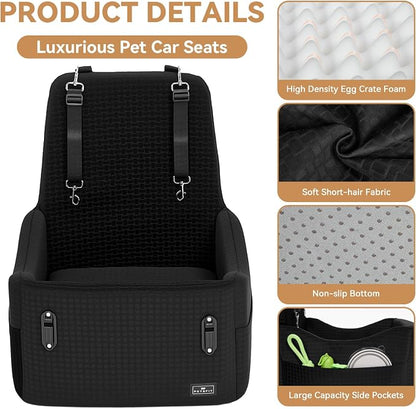 PETSFIT Dog Booster Car Seat for Small/Medium Dogs Up to 35 lbs – Patented Safety System, 5" Memory Foam Pet Car Seat, Fully Detachable and Washable Cover, Front/Back Seat Travel Booster (Black)