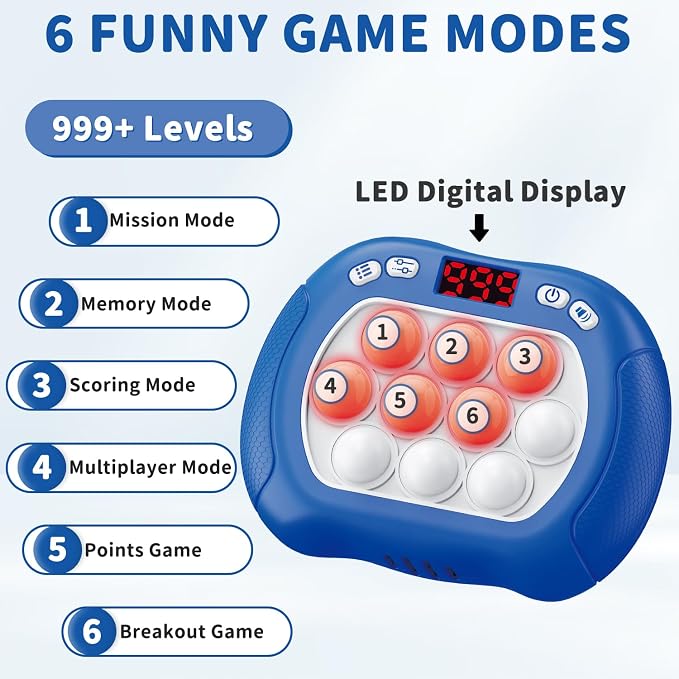 Intoypad Pop Game Light Up Fidget Toy for Kids, 6 Modes LED Screen Quick Push Games Controller Electric Fidget Popper Game Bubble Road Trip Activities Car Games Birthday Gifts Toys for Kids Boys Blue