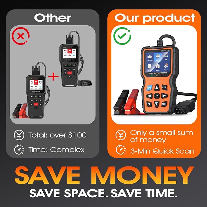OBD2 Scanner with Battery Tester, 2-in-1 Design 1-Sec Read/Clear Check Engine Code Reader, 12V Car Battery Health & Charging System Analyzer, Universal Auto Diagnostic Tool for 1996+ Cars