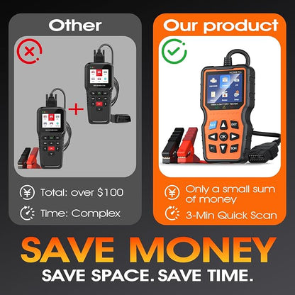 OBD2 Scanner with Battery Tester, 2-in-1 Design 1-Sec Read/Clear Check Engine Code Reader, 12V Car Battery Health & Charging System Analyzer, Universal Auto Diagnostic Tool for 1996+ Cars
