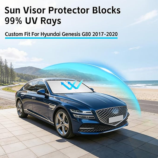 Windshield Sun Shade for Hyundai Genesis G80 2017-2020 Sunshade 300T Windshield Cover Blocks UV Rays Custom Fit Genesis G80 Front Window Shades Windshield Accessories Keep Cool Foldable