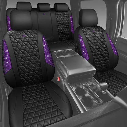 CAR PASS Bling Diamond Leather Car Seat Covers Full Seats Interior Sets, Waterproof Shining Glitter Sparkly Crystal Universal Armrest Fit Automotive Truck SUV Cute Women Girl, Black Purple Rhinestone