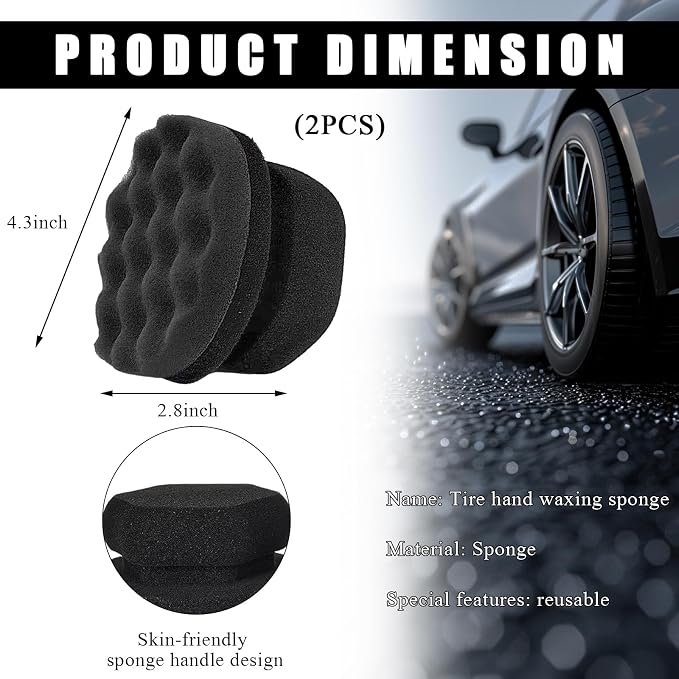 KVAEY 2 PCS Tire Dressing Applicator Pads, Reusable Hex Grip Tire Shine Applicator Polishing Sponge Pads, Wheel Tire Shine Detailing Foam for Most Vehicles, Car Accessories (Black, 4.33")