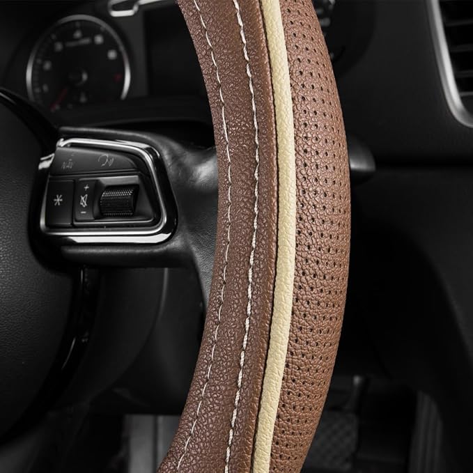 CAR PASS Brown Delux Leather Steering Wheel Cover, Universal Fit for Suvs,Sedans,Vans,Small Trucks for 14.5" to 15"(Brown & Beige Piping)