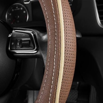 CAR PASS Brown Delux Leather Steering Wheel Cover, Universal Fit for Suvs,Sedans,Vans,Small Trucks for 14.5" to 15"(Brown & Beige Piping)