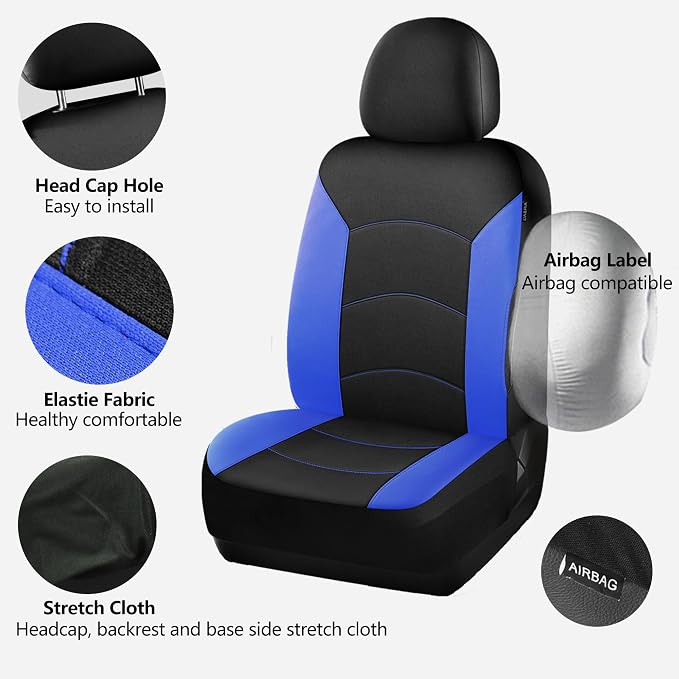 HChengkikz Car Seat Covers Full Set, Waterproof Neoprene Car Seat Covers, Airbag Compatible, All Season Protection Universal Fit Most Cars, Trucks, SUVs (Black + Blue)