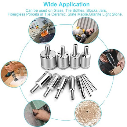 12 Pcs Diamond Drill Bits for Ceramic, Diamond Hole Saw Drill Bit Set Kit, Premium Glass Drill Bit for Bottles, Pots, Marble, Granite Stone, Tile Cutting 0.16 Inch - 1.18 Inch（4 mm - 30 mm） YLYL