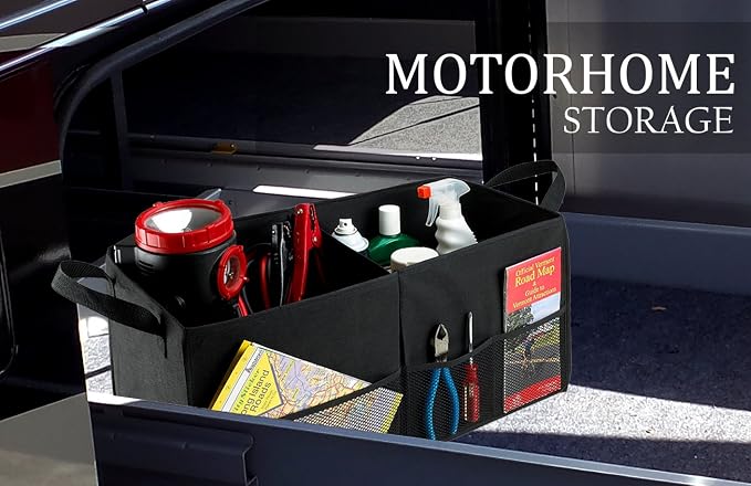 Handy Laundry Car Trunk Organizer – Large 2 Compartment Storage Bin with Non-Slip Fastener, Mesh Side Pockets & Heavy-Duty Handles, 22 x 10 x 11 in, Black – Prevents Shifting & Rolling