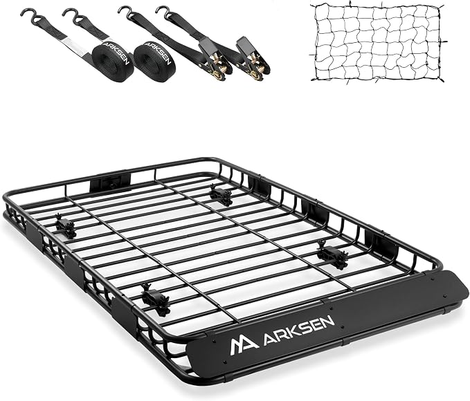 ARKSEN 64" x 39" Roof Rack Cargo Basket with Extension, 150 lbs Heavy Duty Rooftop Carrier, Car Top Luggage Holder for SUV Truck Car, Includes Cargo Net & Ratchet Straps for Travel Camping