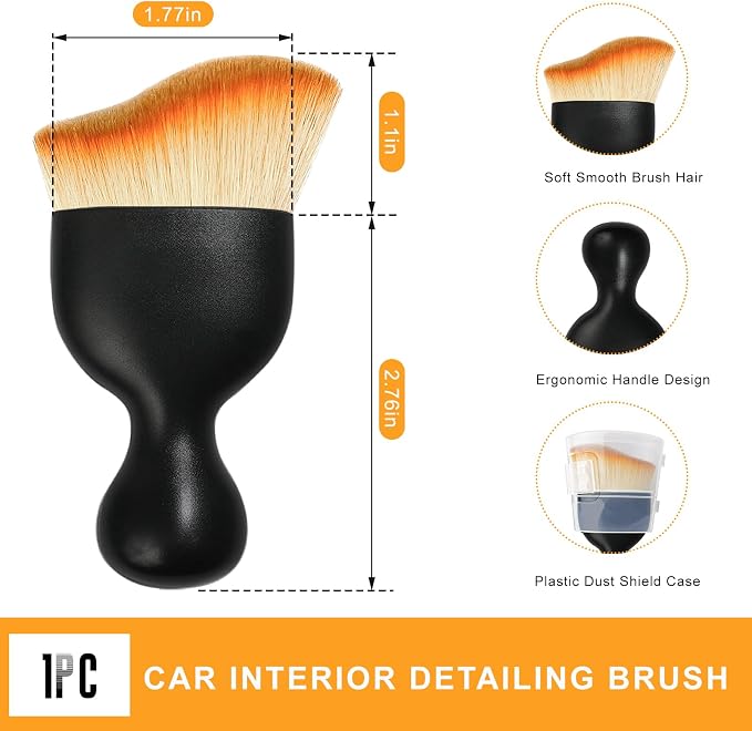 Car Interior Detailing Brush, Curved Car Interior Cleaning Brush with Ultra Soft Bristles & Dust Cover, Scratch-Free Auto Dusting Brushes for Dashboard AC Vent Leather (Brown)