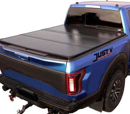 Just-V Hard Tri-Fold Truck Bed Tonneau Cover for Chevy Silverado 1500 2500HD 3500HD, for GMC Sierra 2014-2018 Only Fit Crew Cab 5.8 FT Bed, Upgrade Solid FRP Textured Black