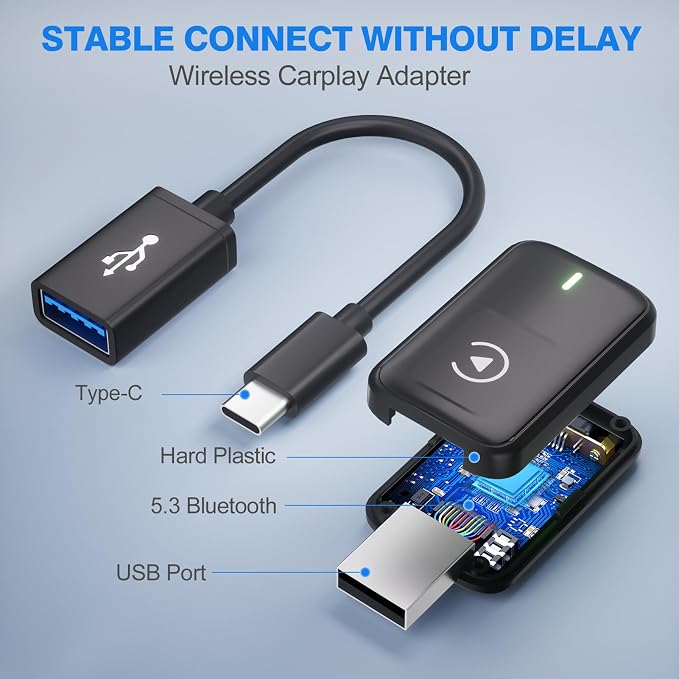 CarPlay Adapter, Convert Wired to Upgrade USB Wireless CarPlay Adapter for Wireless Control Plug and Play Compatible with Cars from 2016 and Apple iPhone iOS 10+,Black