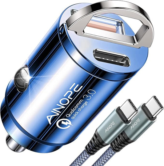 AINOPE 90W Super Fast Car Charger, Invisible USB C 45W Car Charger Fast Charging Type C, [Mini&Metal] Cigarette Lighter USB Adapter Fits iPhone 17 16 15 Pro Max Samsung Galaxy S25 Ultra S24, Blue
