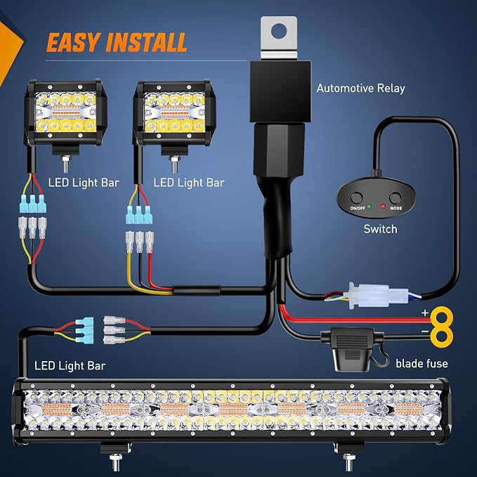 Nilight 20Inch 420W LED Light Bar 2PCS 4Inch 60W Light Pods Amber White Strobe 6 Modes Memory Function Reset Function Off Road Truck with 16AWG Wiring Harness Kit-3 Lead
