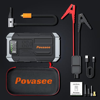 Povasee Jump Starter with Air Compressor 5000A Portable Jump Box up to 9L gas/8L Diesel,inflates Tires to 150PSI 12V Car Battery Jumper Starter