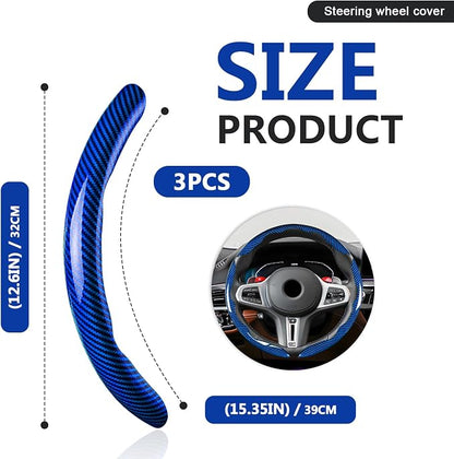 3pcs Universal Carbon Fiber Steering Wheel Cover - Anti-Slip & Segmented Design, Universal 99% Durable Steering Wheel Protector for Men and Women, Car Interior Accessory (Blue)