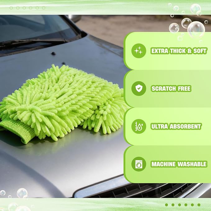 48 Pack Car Wash Mitt Bulk Microfiber, 10'' x 8'' Chenille Car Wash Mitt Gloves, Scratch Free Double Sided No Lint No Marks for Truck SUV and All Vehicle Surfaces (Lime Green)
