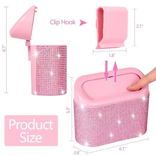 NBTEPEM Bling Pink Car Trash Can with Lid - 2 Pack, Mini Auto Garbage Can with 60 Trash Bags, Automotive Garbage Container Bin, Bling Car Accessories Trash Can for Women (Pink Diamond)