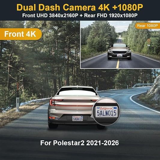 Fitcamx Front 4K+Rear 1080P Dash Cam Adapts for Polestar 2 2021-2026 Plus Peformance Launch Edition, OEM Look, Dual HD Video, WiFi & APP, Loop Recording, Gravity Sensor, Easy to Set, 128GB Card