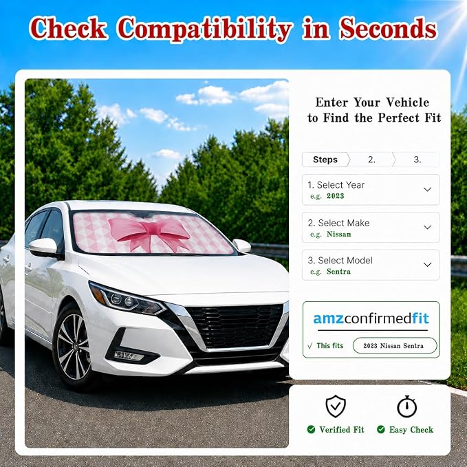 Pink Bow Car Windshield Sun Shade for Women, Cute Front Window Sunshade for Small Cars, Girly Pink Plaid Car Accessories for Sedan Compact Car - 59 x 27.5