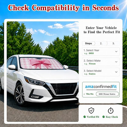 Pink Bow Car Windshield Sun Shade for Women, Cute Front Window Sunshade for Small Cars, Girly Pink Plaid Car Accessories for Sedan Compact Car - 59 x 27.5