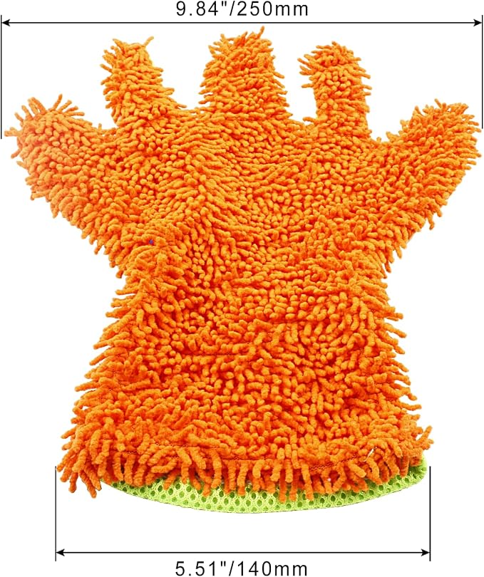 BokWin 2-Pack Car Wash Mitt Scratch Free, 5-Finger Microfiber Wash Mitts, Car Interior Exterior Cleaning Gloves, Auto Chenille Washing Sponge Kits for Cleaning Wheel Tight Spot(Orange)