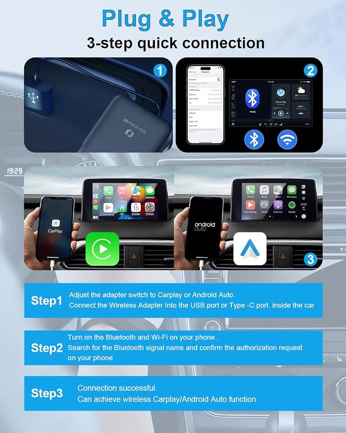 CHOVE 2-in-1 Wireless CarPlay & Android Auto Adapter, Upgrade Wired to Wireless, Compatible with iOS 10& Android