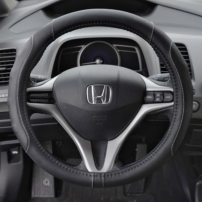 Motor Trend Ergonomic Steering Wheel Cover/Protector for Small Size Steering Wheels in Cars, SUVs, Boats (13.5-14.5") (Drive Pro Comfort Grip (Black/Gray Stitching))