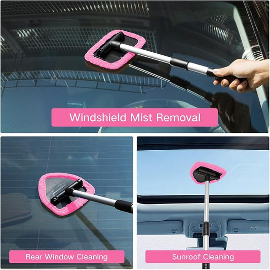 Qydipclin 10pcs Windshield Cleaning Tool Inside Car Window Cleaner Wash Kit with 4 Reusable Microfiber Pads 1 Spray Bottle and Extendable Handle Interior Auto Glass Wiper Kit, Pink