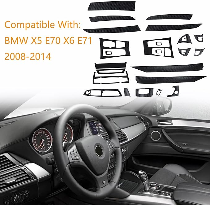 GXARTS Black 3D Carbon Fiber Car Interior Decor Kits Trim Sticker Compatible with BMW X5 E70 X6 E71 2008 2009 2010 2011 2012 2013 2014