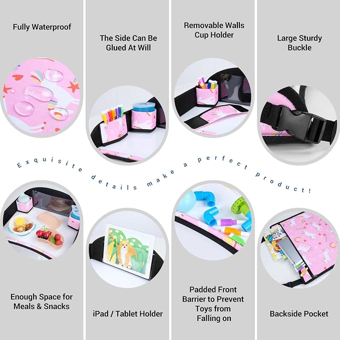 COOLBEBE Kids Travel Tray for Car Seat & Airplane, Toddler Lap Tray with Pen & ipad Stand, Portable Car Seat Table with Cup Holders & Raised Edges, Pink Unicorn, 2-Pack