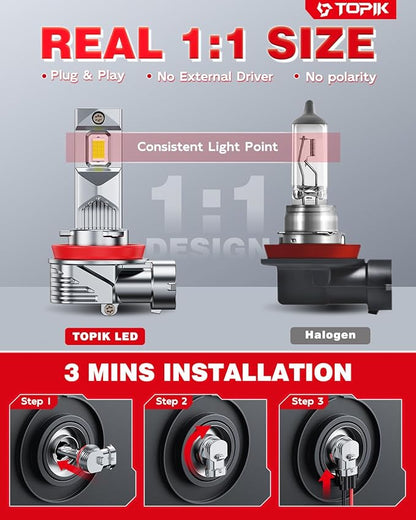 TOPIK H11 9005 Bulbs, [𝐋𝐚𝐭𝐞𝐬𝐭] 900% Ultra Brighter 𝟴𝟰,𝟬𝟬𝟬𝐋𝐌, H16/H9/H8 HB-3 Light Bulbs, Plug-N-Play, 1:1 Same Size, No Flicker, 99% Canbus Ready, Pack of 4