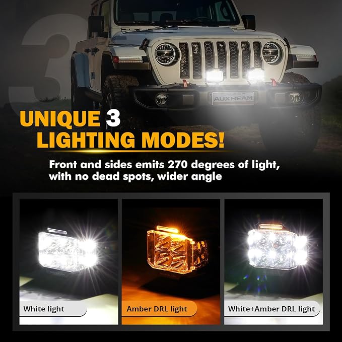 Auxbeam 4" 92W Cube LED Pod with Amber DRL, V-MAX Series Offroad Pod Lights with Side Shooter & Amber Covers, Offroad LED Cube Offroad Square Light 270°Combo Beam Auxiliary Light for Truck Jeep ATV