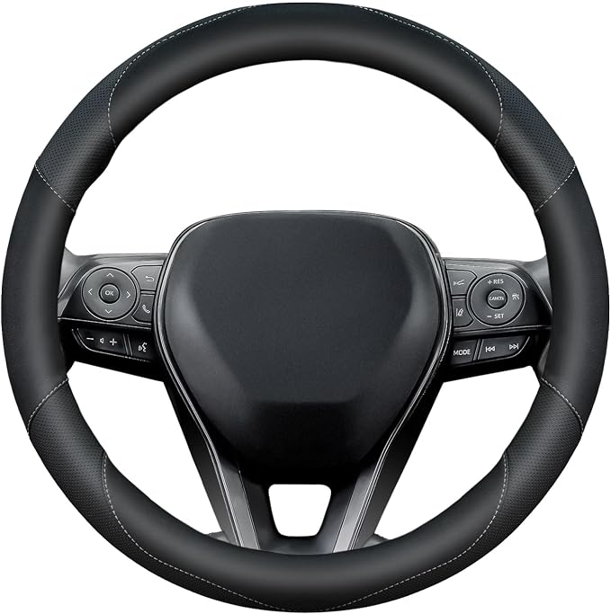 Soft Leather Steering Wheel Cover with Breathable Design and Anti-Slip Grip, Fully Compatible with Tesla, Toyota, Honda, Nissan 14.5-15.2 inch Round Steering Wheel（Sedans and SUVs）