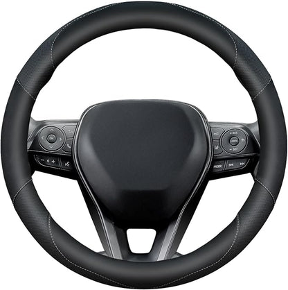Soft Leather Steering Wheel Cover with Breathable Design and Anti-Slip Grip, Fully Compatible with Tesla, Toyota, Honda, Nissan 14.5-15.2 inch Round Steering Wheel（Sedans and SUVs）